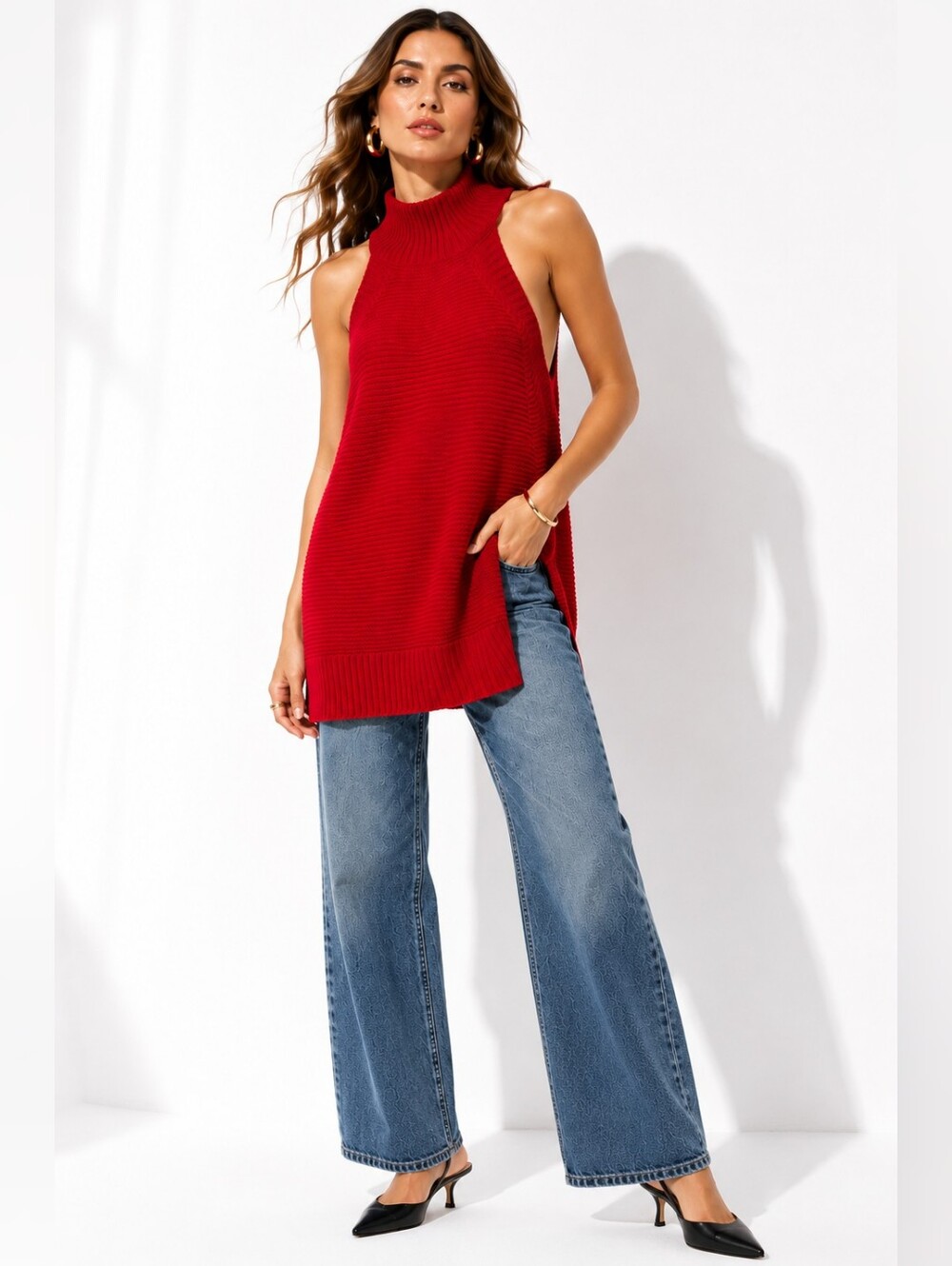 Joie Red Sleeveless Ribbed Knit Mock Neck Tunic Top Size Large